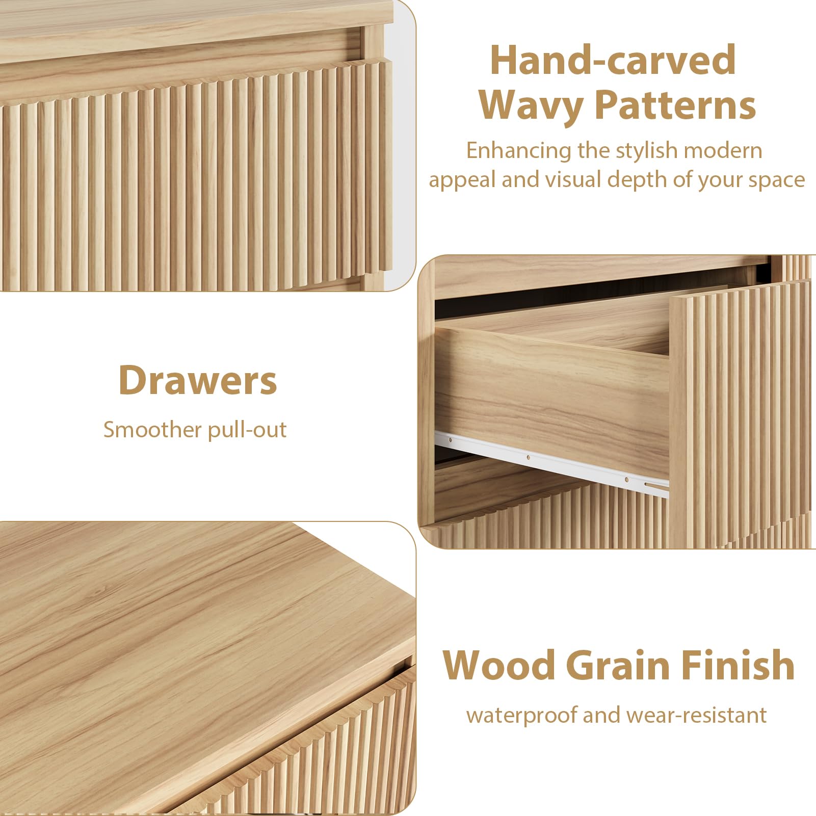 Oak 6 Drawer Dresser with Fluted Design