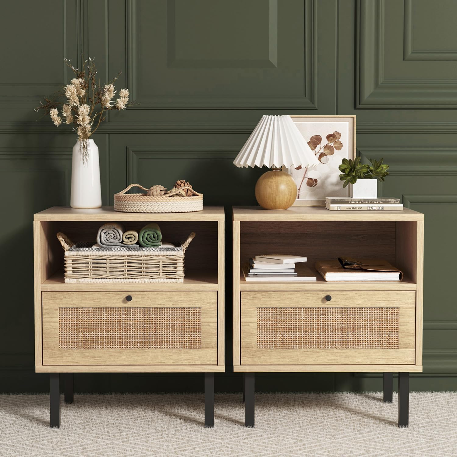 Rattan Nightstands Set of 2 with Door and Open Shelf