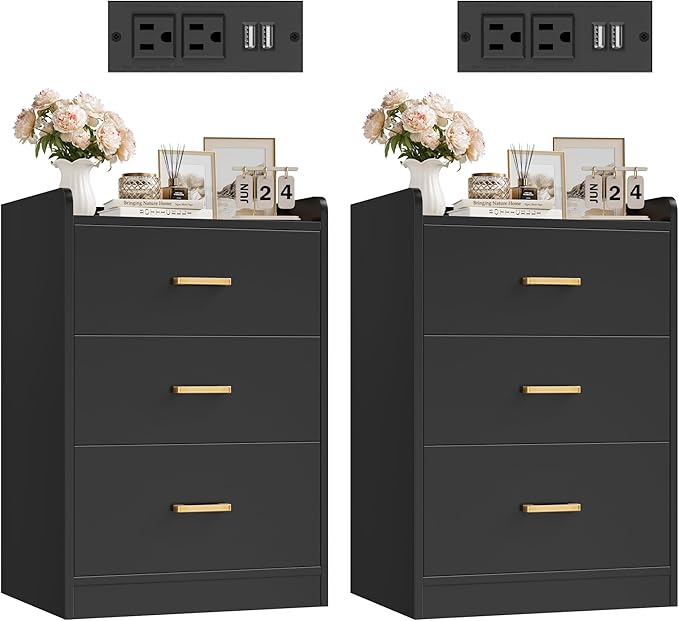 Nightstands Set of 2 with Charging Station and 3 Drawers