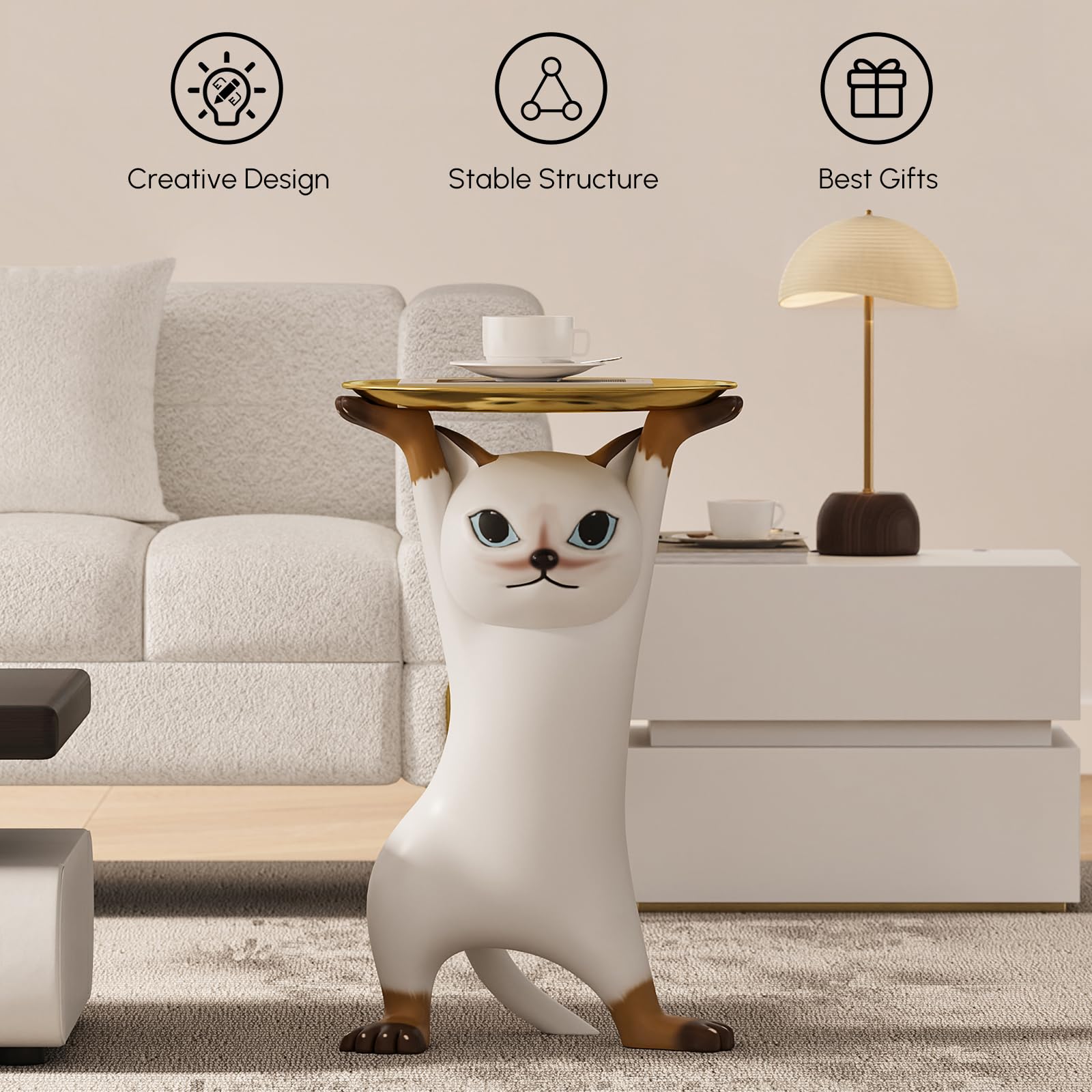 Whimsical Cat Statue Side Table with Gold Tray