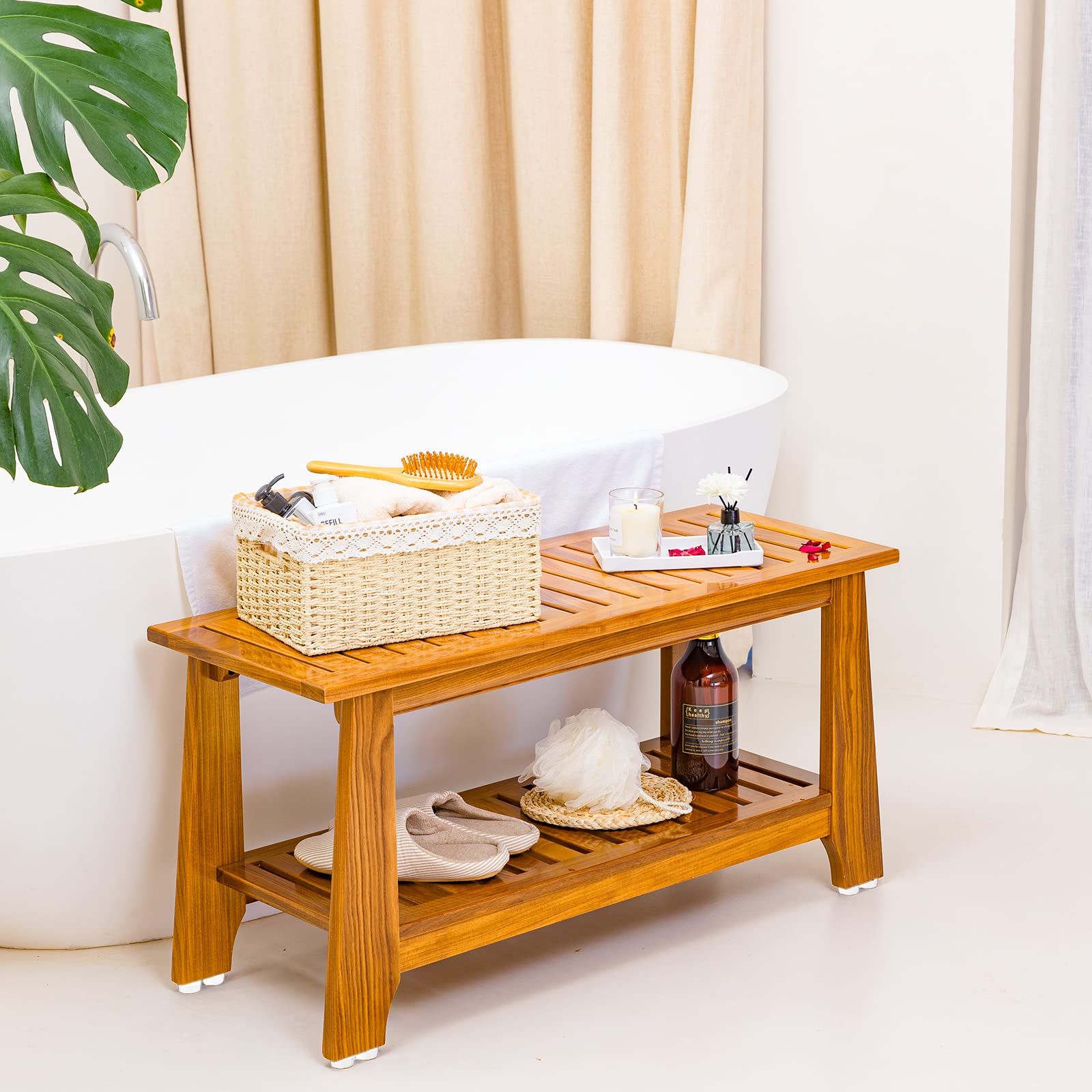 Commercial Teak Shower Bench with Non-Slip Leveling Feet