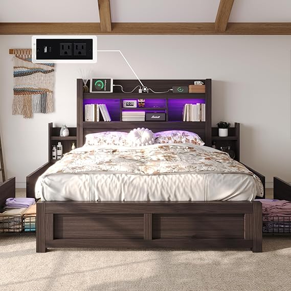 King Bed Frame with Bookcase Headboard and Storage Drawers