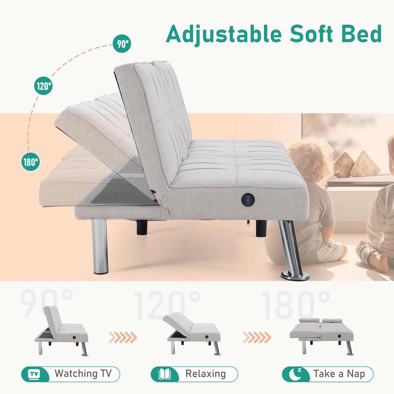 Convertible Futon Sofa Bed with USB Charging Port
