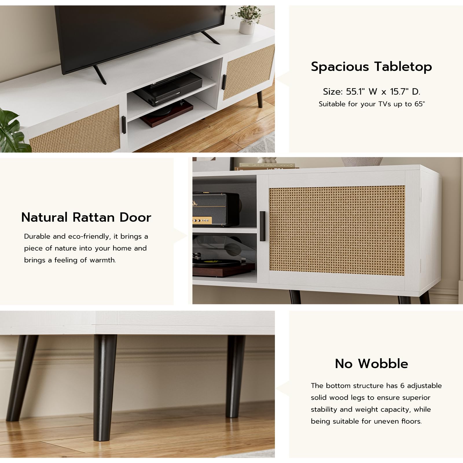 Mid Century Modern TV Stand for TVs up to 65 Inch with Rattan Door and Storage