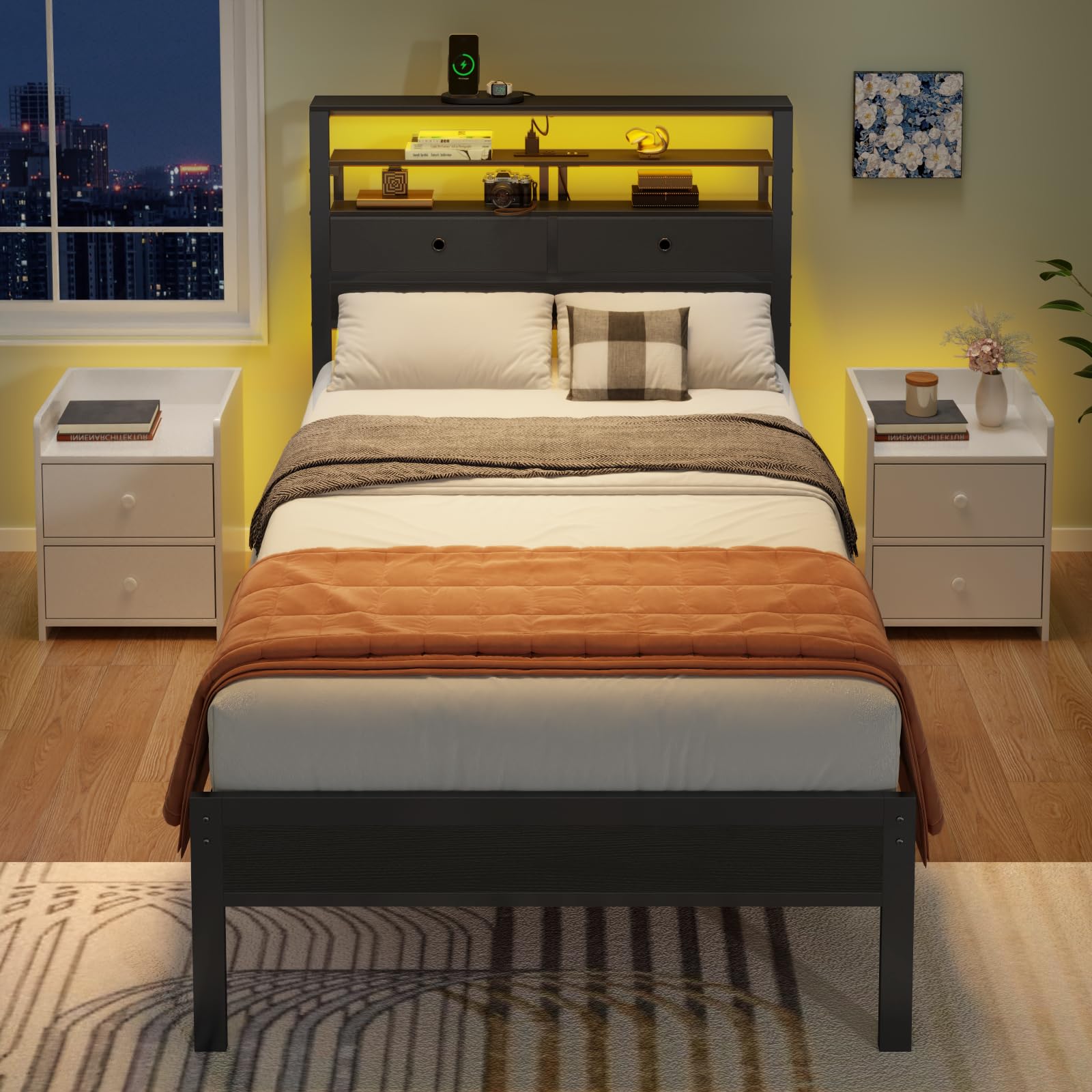 Twin Platform Bed with LED Lights and Charging Station