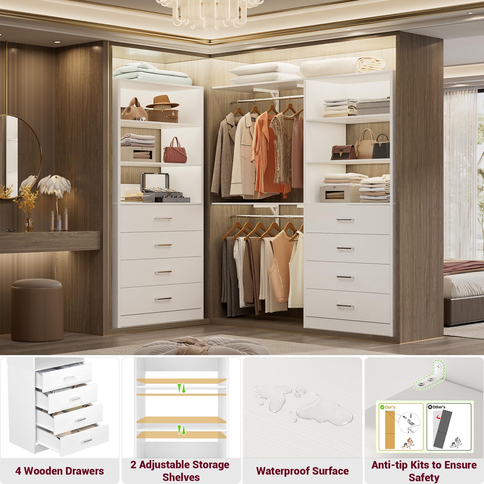Wood Closet System with 4 Drawers - White