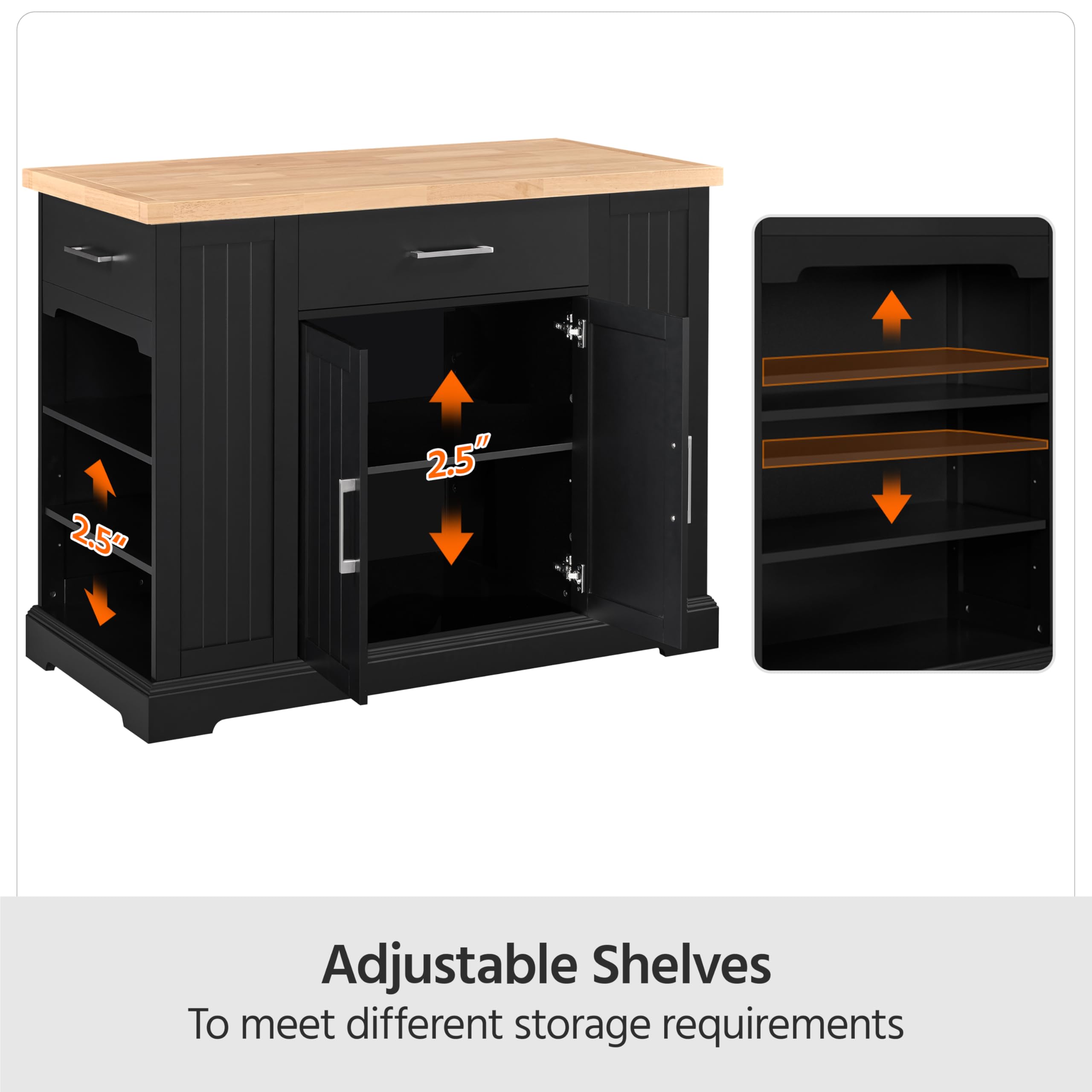 Kitchen Island on Hidden Wheels with Rubberwood Top