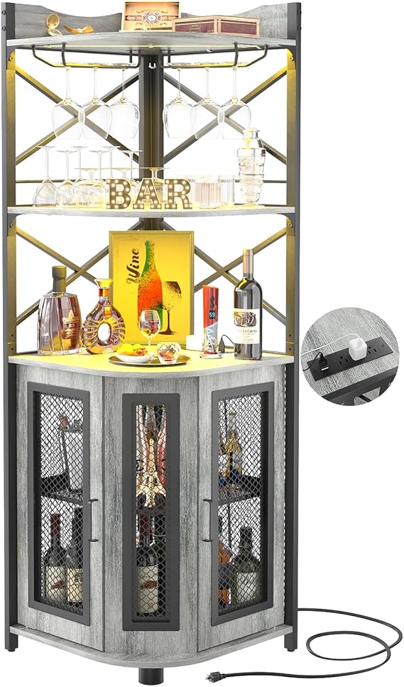 Corner Bar Cabinet with Power Outlet and LED Lights