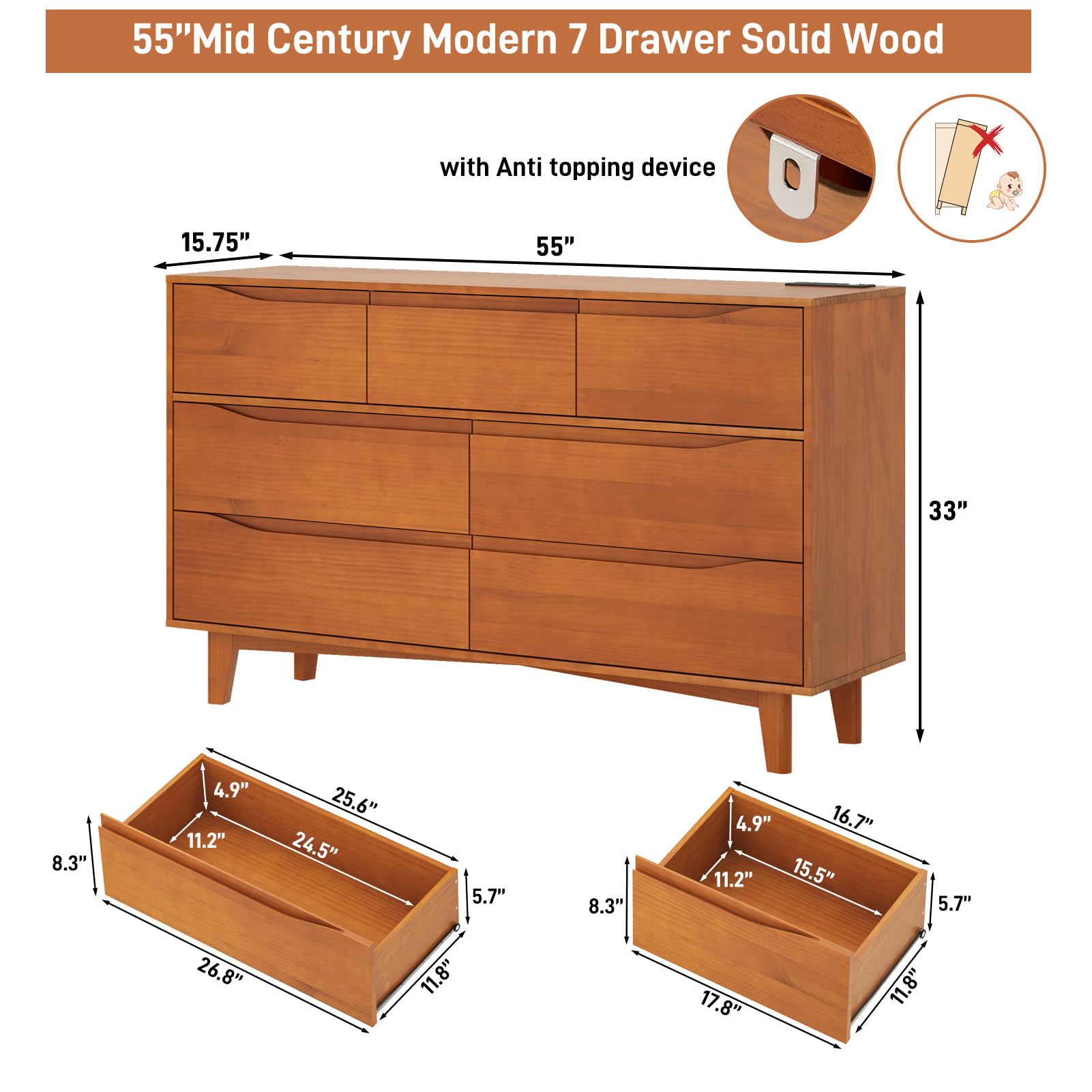 55 Inch Solid Wood 7 Drawer Dresser with Power Outlets