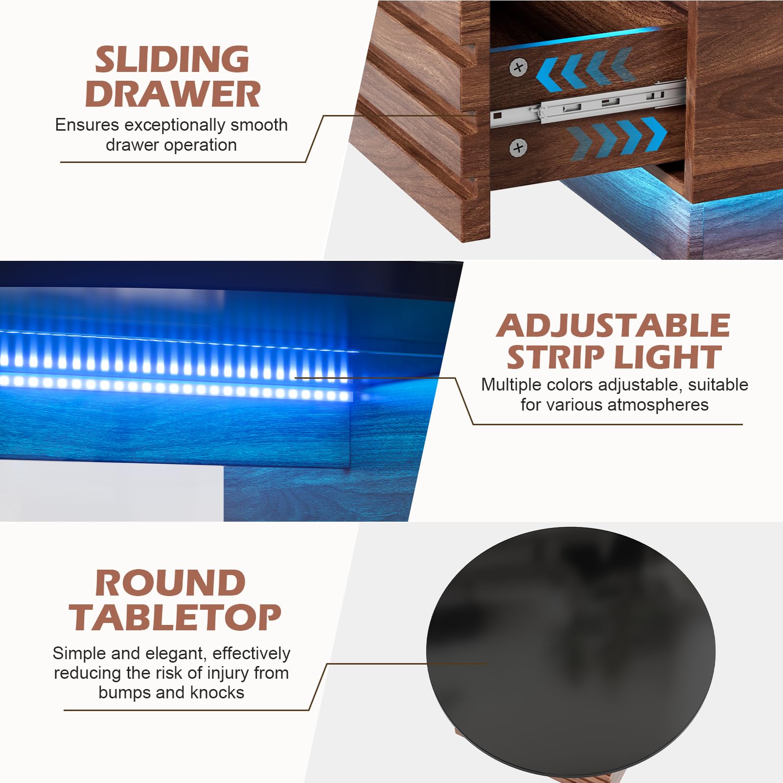 Round Coffee Table with LED Light and Drawers