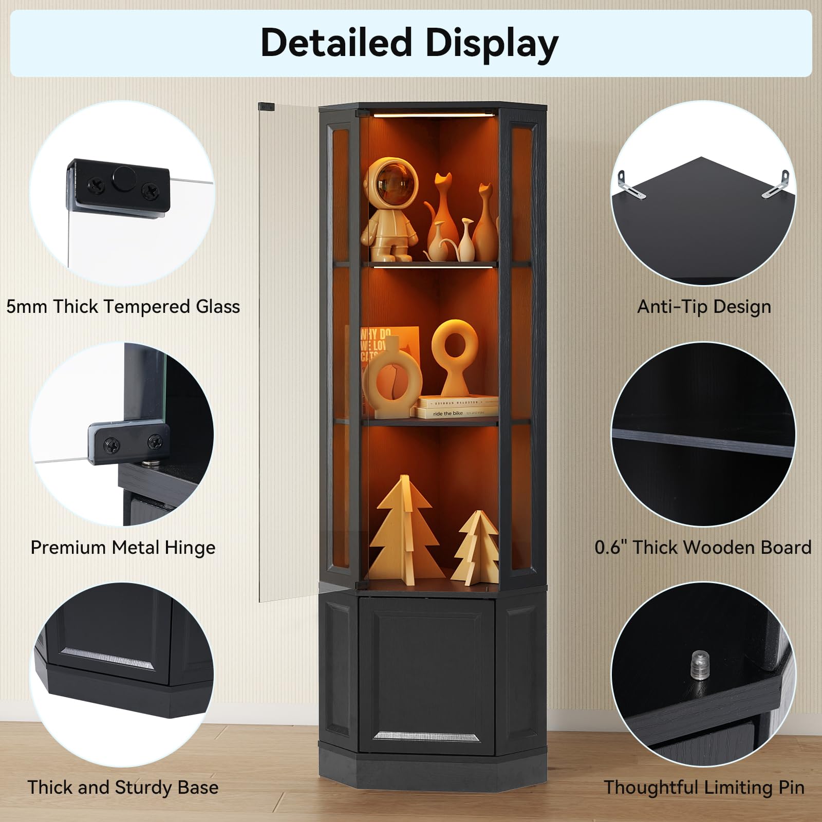 Corner Display Cabinet with RGB LED Lights