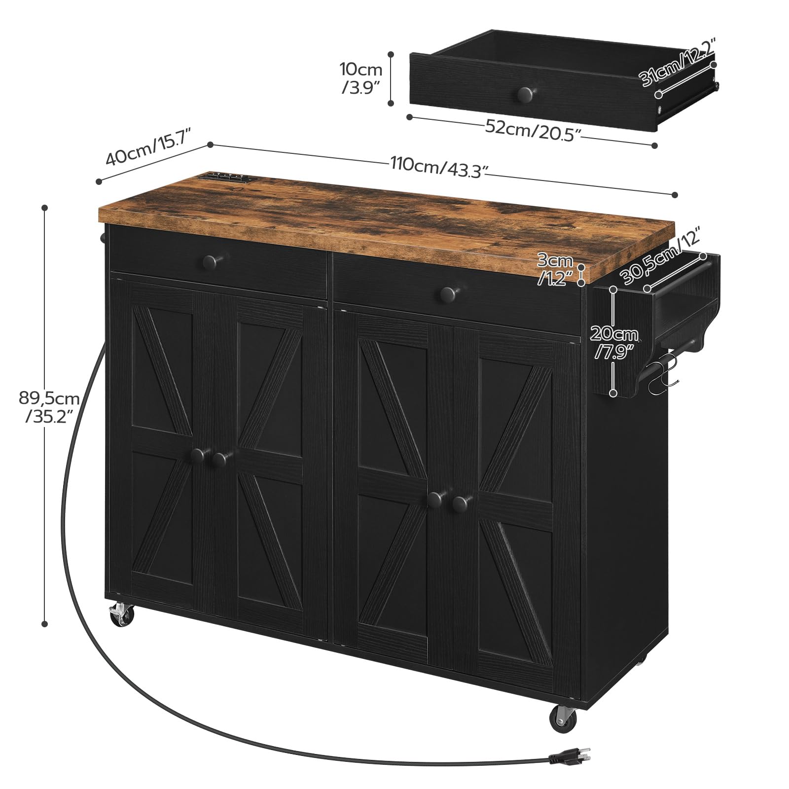 43.3" Rolling Kitchen Island with Power Outlet and Storage