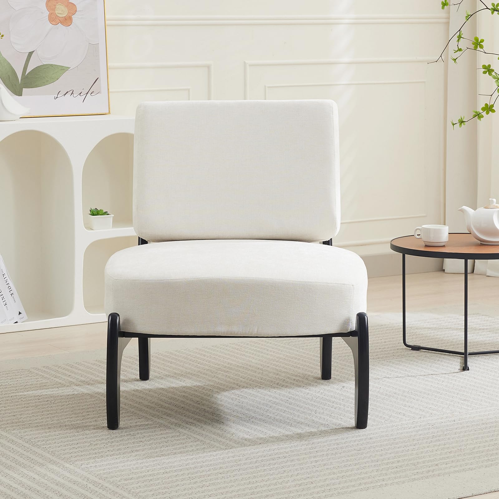 Mid-Century Linen Accent Chair with Solid Wood Base