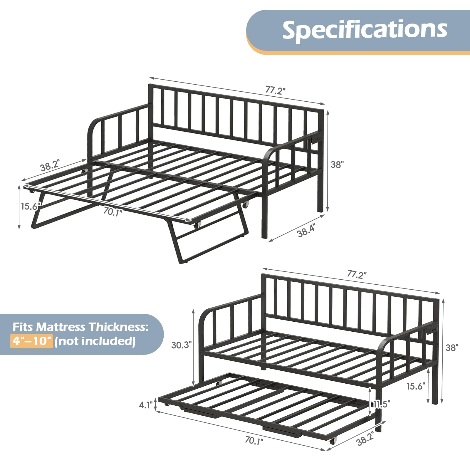Daybed with Trundle and LED Lights