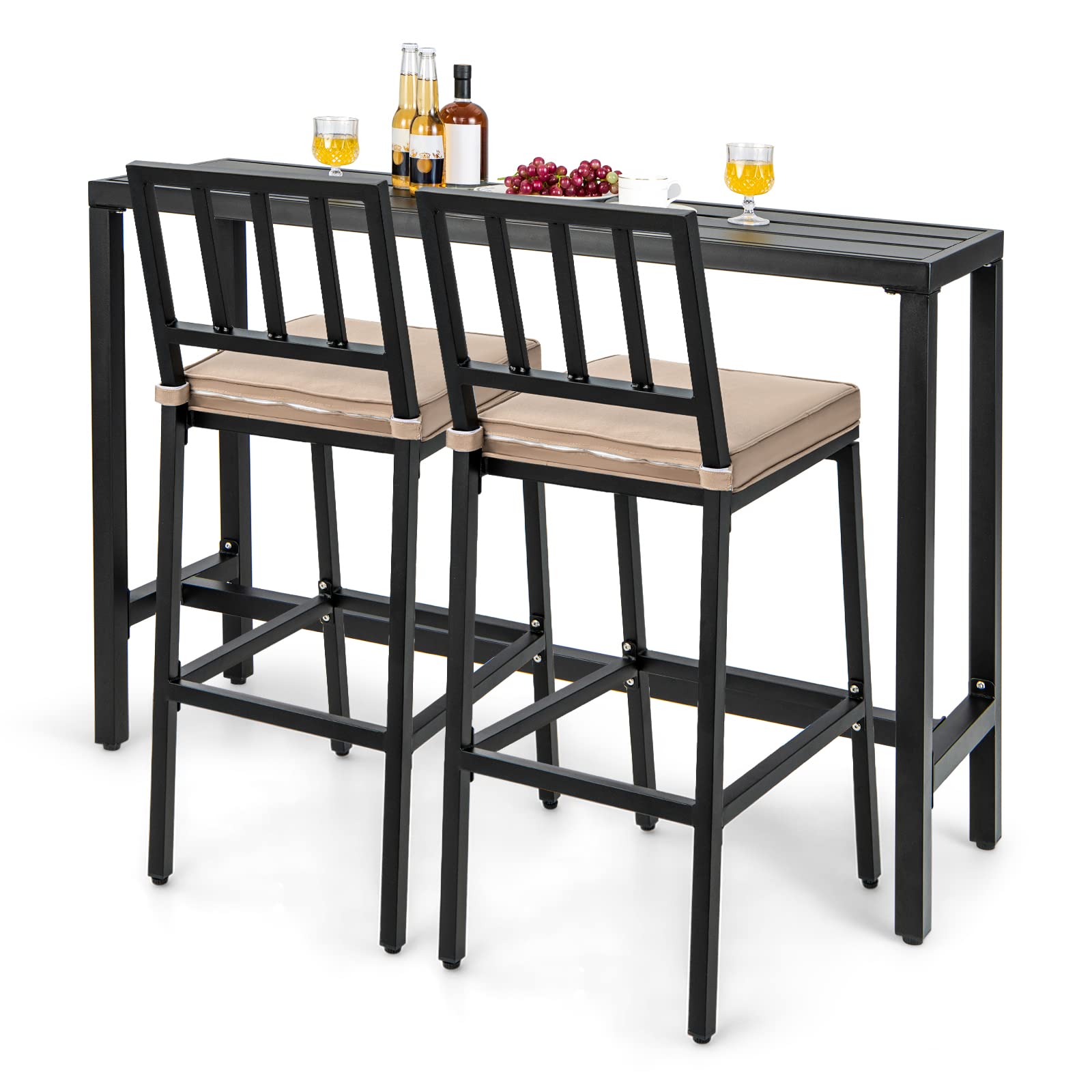 3 Piece Outdoor Patio Bar Set with Cushioned Stools