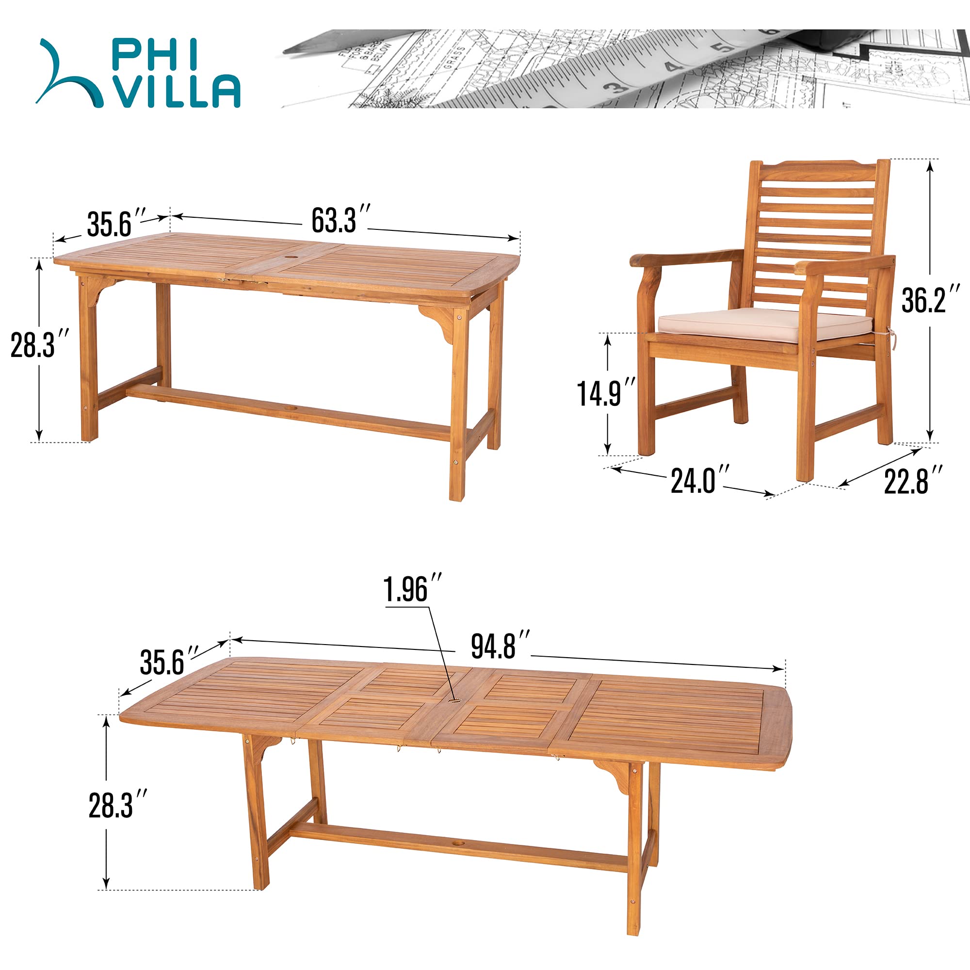 PHI VILLA 9 Pieces Acacia Wood Patio Dining Set for 8, Expandable Teak Dining Table & Wooden Chairs with Cushions, Farmhouse Dining Furniture Set for Outdoor Deck, Yard, Porch