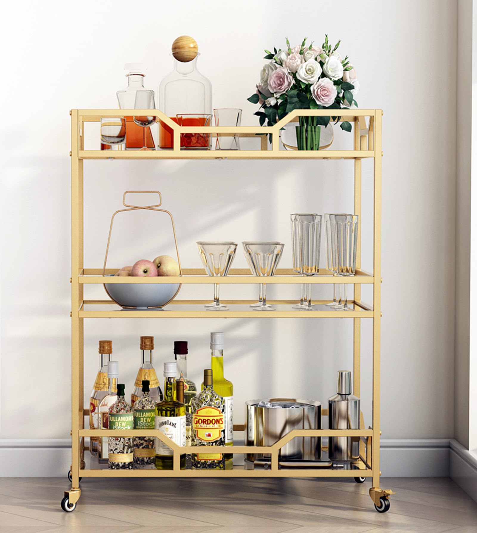 3-Tier Gold Bar Cart with Glass Shelves on Wheels