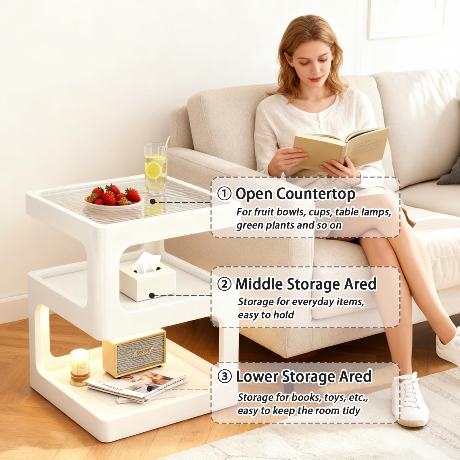 3-Tier Nightstand with Storage and Open Shelves