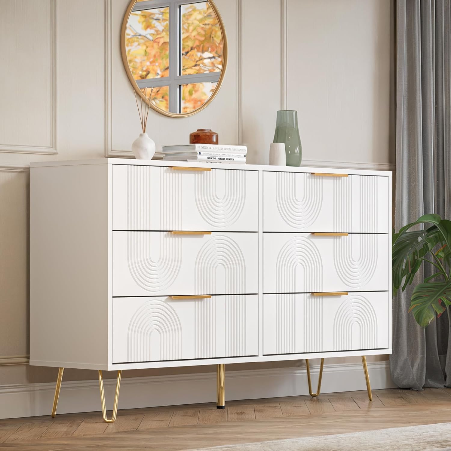 6 Drawer White and Gold Dresser