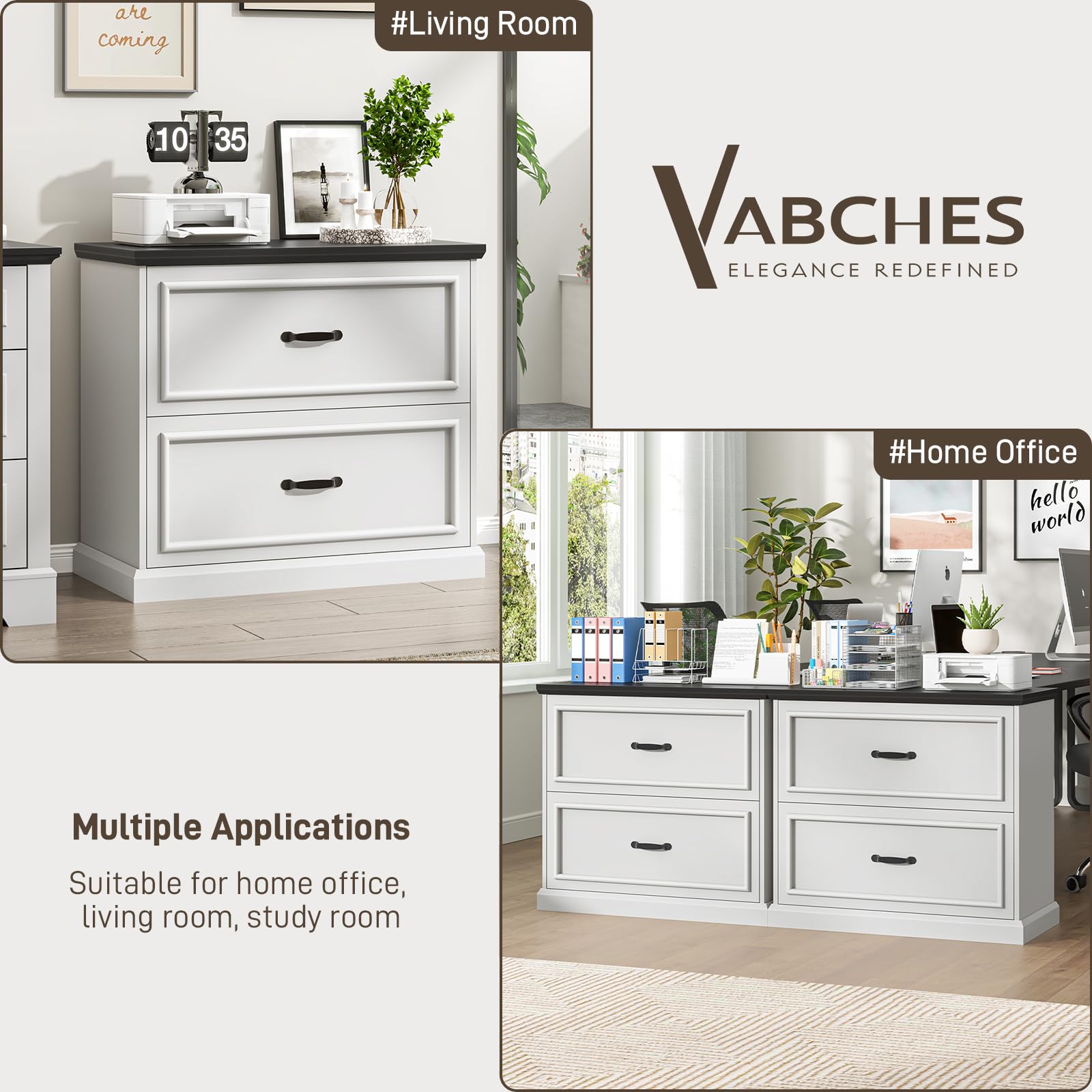 Halitaa 2 Drawer File Cabinet, Farmhouse Lateral Filing Cabinet for Letter/A4/F4/Legal Size Hanging Files, Large Wood File Storage Cabinets Printer Stand for Home Office, White and Black