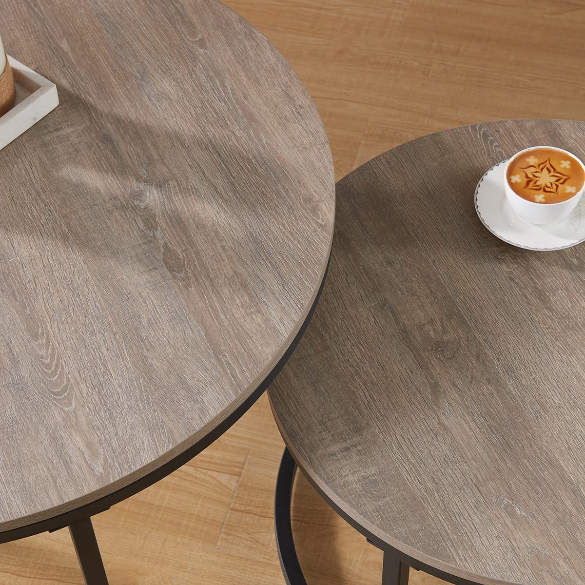 Round Nesting Coffee Table Set of 2 - Grey Wash Oak Wood & Metal Frame