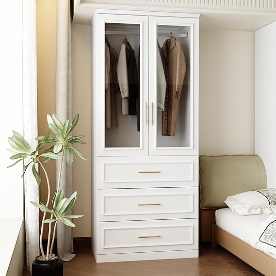 Modern White Wardrobe Closet with Doors and Gold Handles