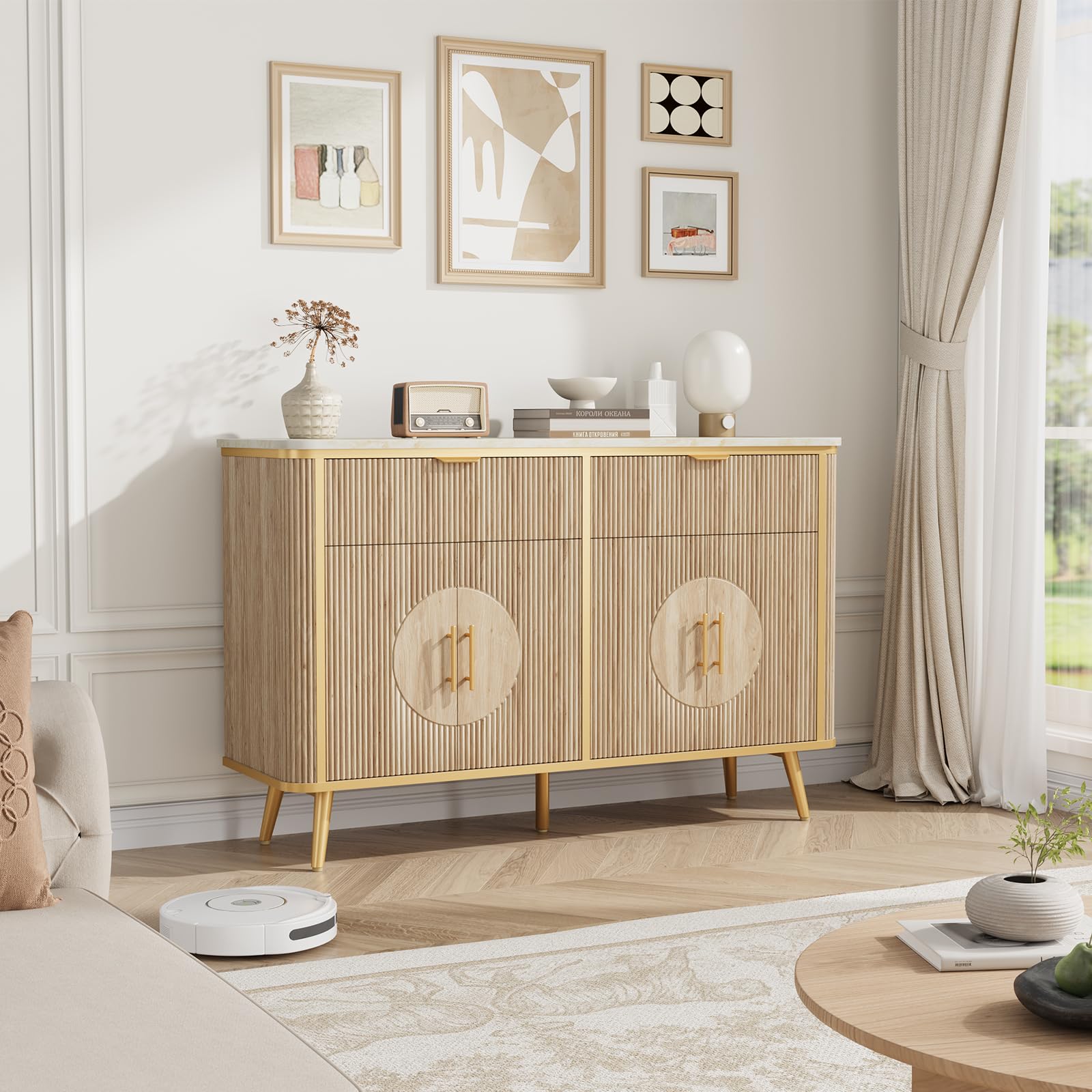 Fluted Buffet Storage Cabinet with Adjustable Shelves