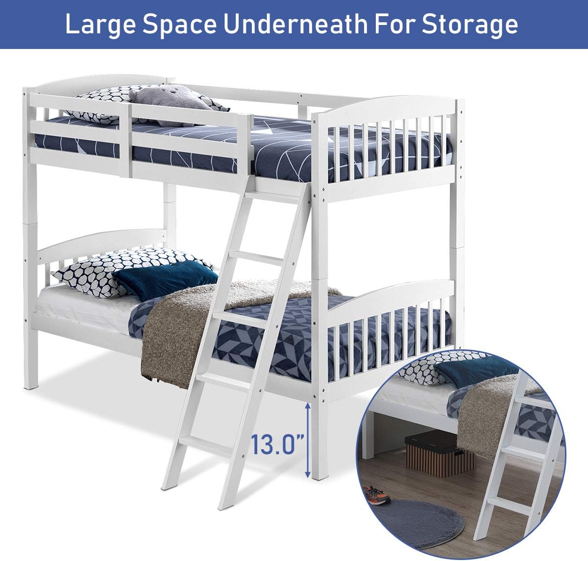 Twin Over Twin Bunk Bed with Ladder and Safety Rail