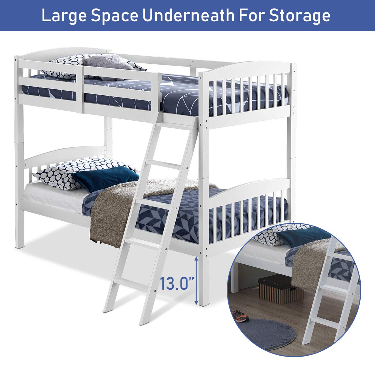 Twin Over Twin Bunk Bed with Ladder and Safety Rail