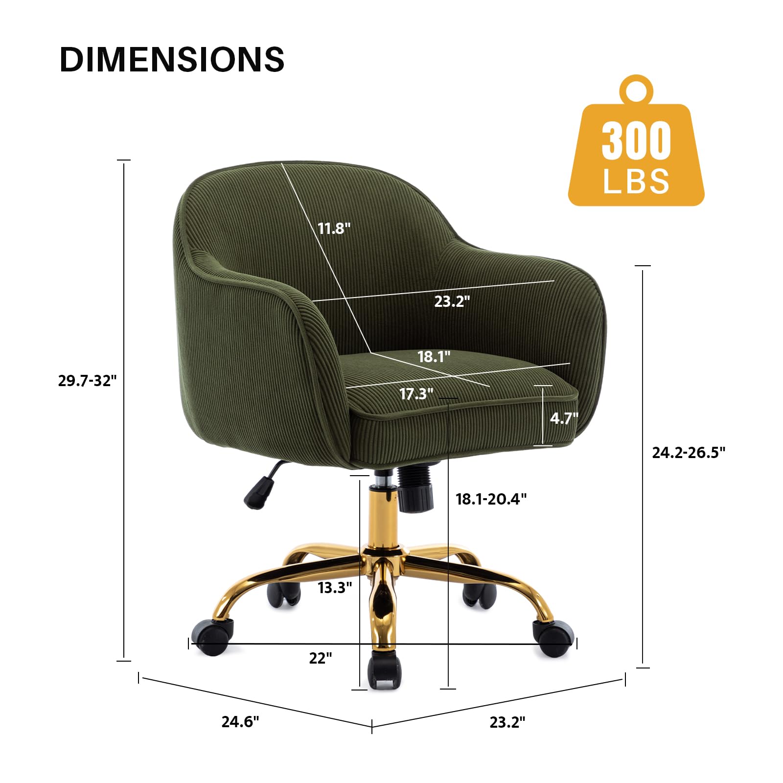 Velvet Upholstered Office Chair with Gold Wheels - Ergonomic Swivel Desk Chair