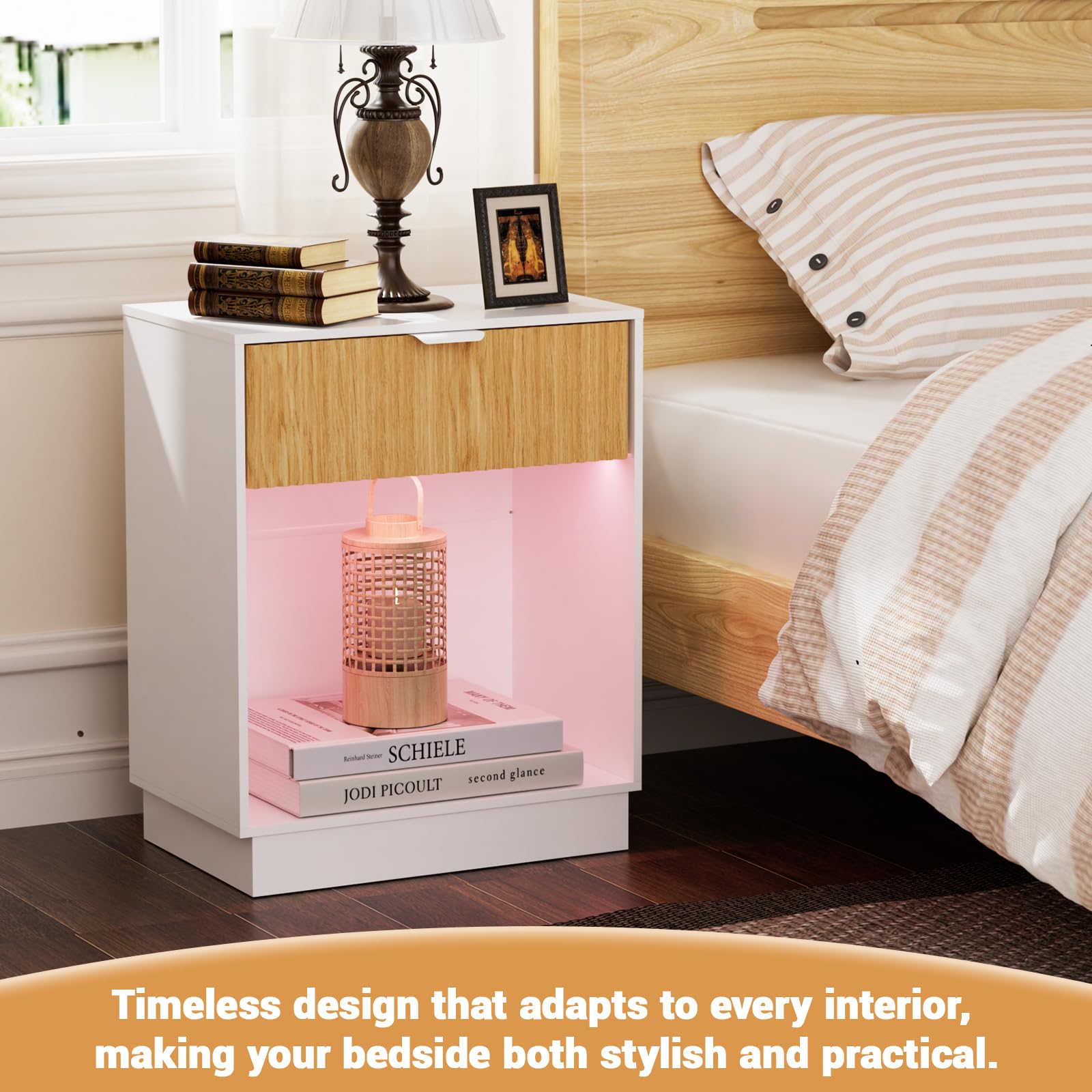 Fluted Nightstands Set of 2 with Charging Station and LED Lights