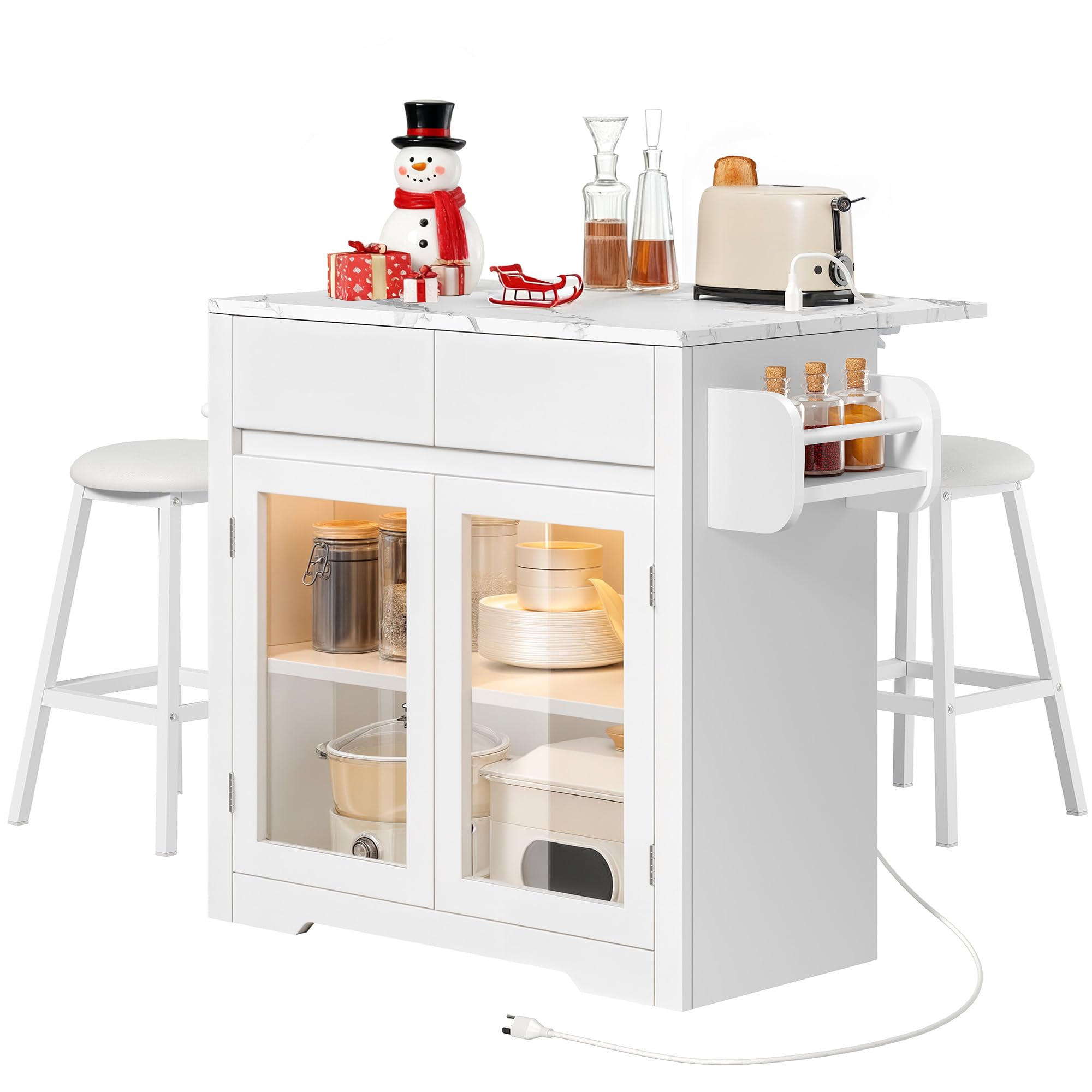 Rolling Kitchen Island with Seating and LED Lights