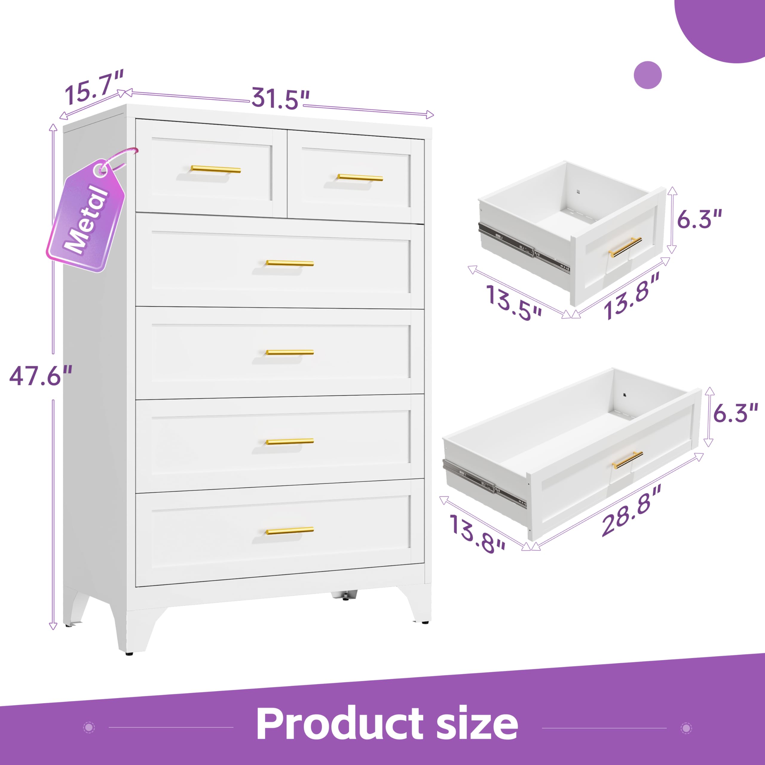 Metal 6 Drawer Dresser 48 Inch Tall White Chest