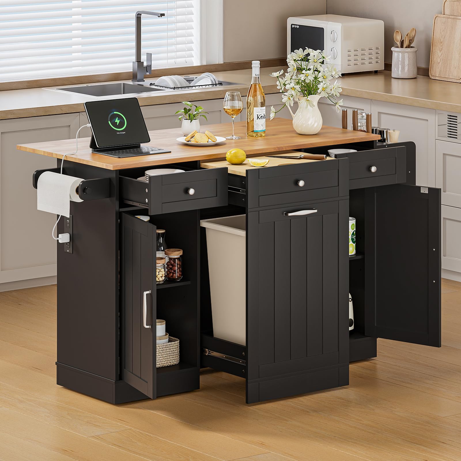 61" Kitchen Island Cart with Drop Leaf and Power Outlet