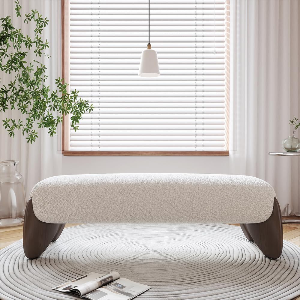Modern Bedroom Furniture Set - White Boucle Queen Platform Bed with Bench