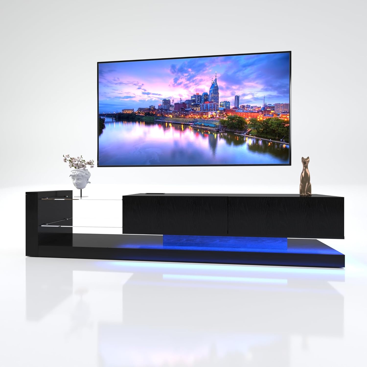 LED TV Stand with Asymmetrical Design and Tempered Glass Shelves