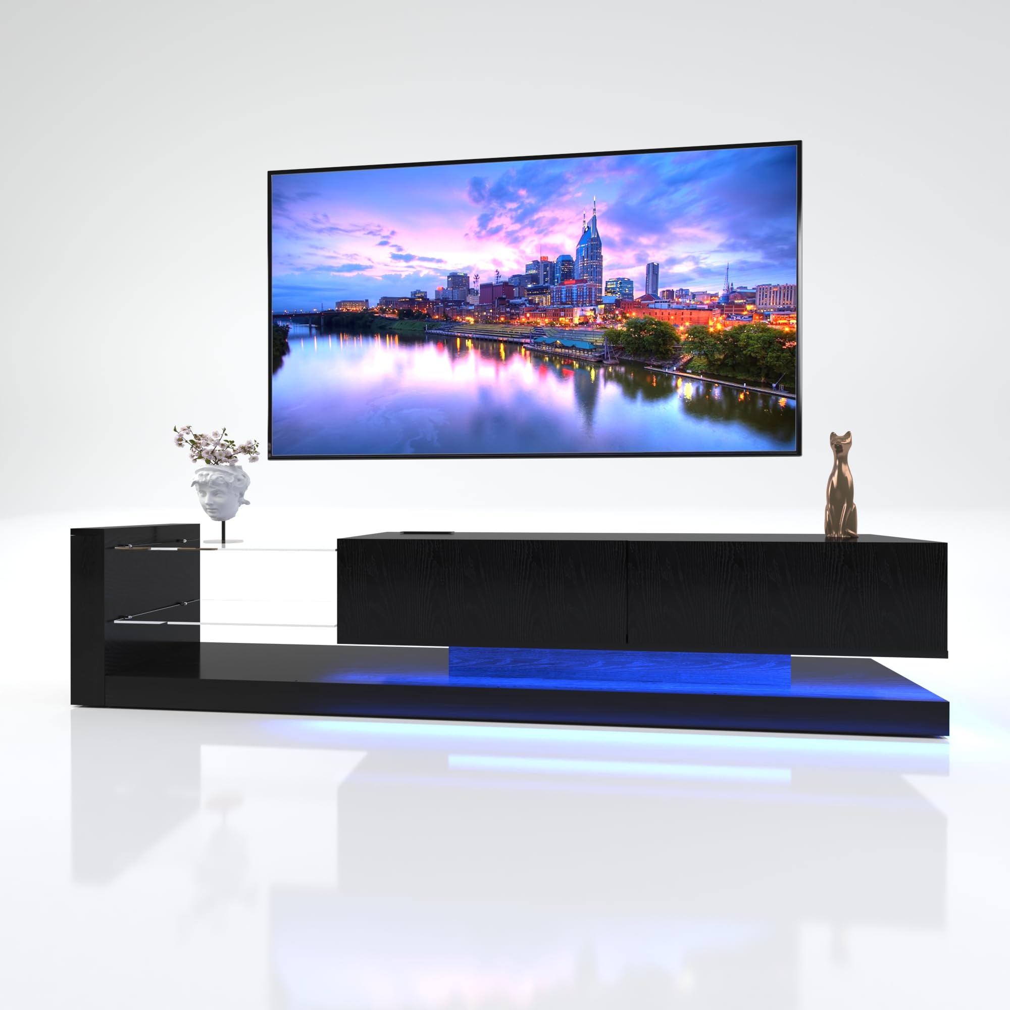 LED TV Stand with Asymmetrical Design and Tempered Glass Shelves