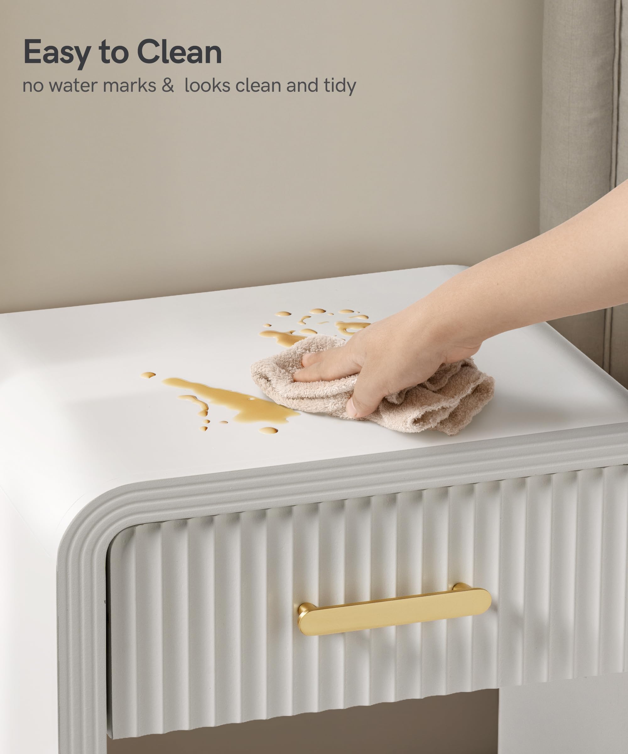 White and Gold Fluted Nightstand Mid Century Modern