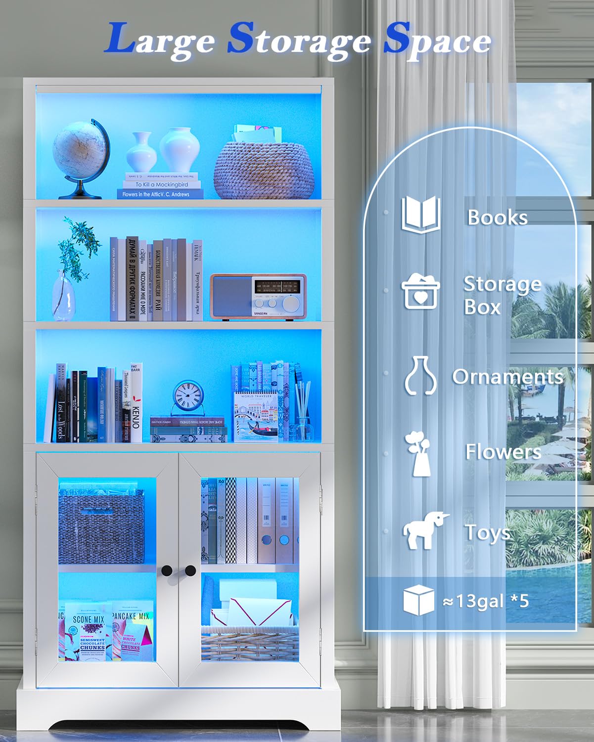 5-Tier Bookshelf with Multi-Color Ambient Lights and Cabinet Doors