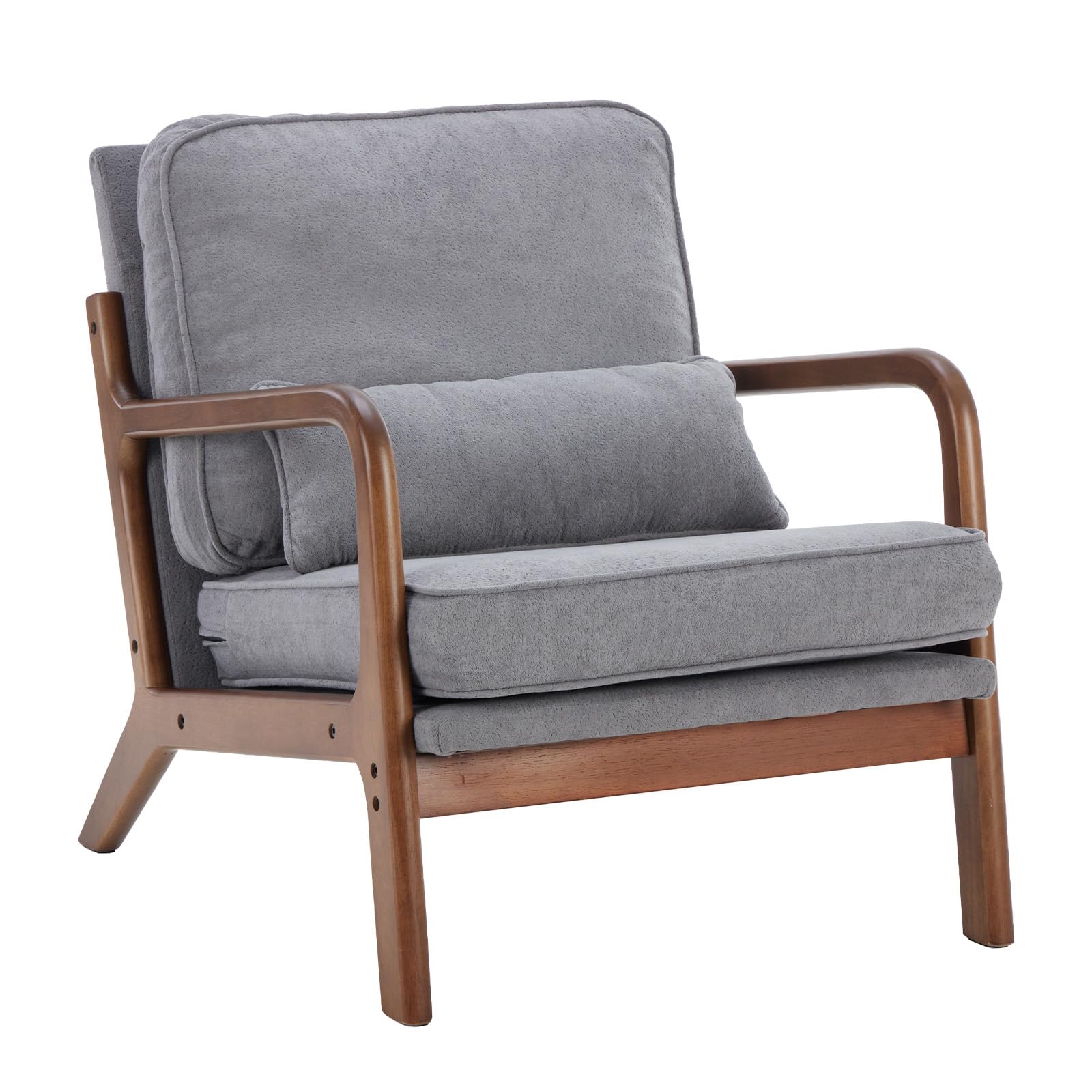 DUMOS Mid Century Accent Chair, Modern Living Room Chair with Arms and Waist Cushion, Reading Chairs for Adults, Lounge Chair for Bedroom, Solid Wooden Frame,Classic Grey