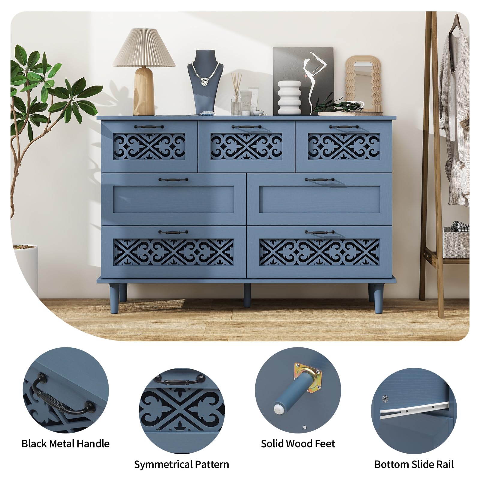 7 Drawers Dresser with Hollow Carved Design - Vintage Wood Chest