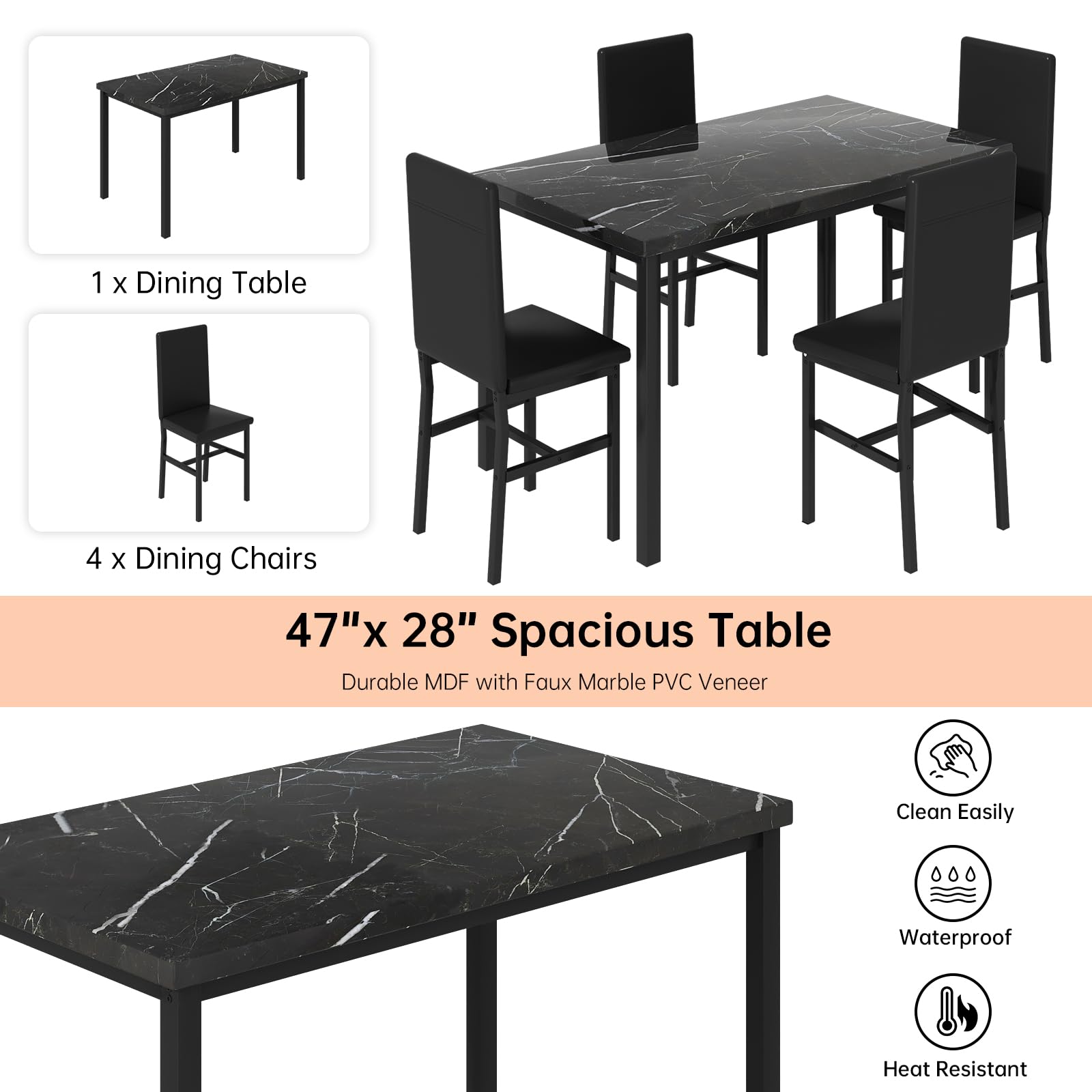 5-Piece Faux Marble Dining Table Set with 4 Chairs