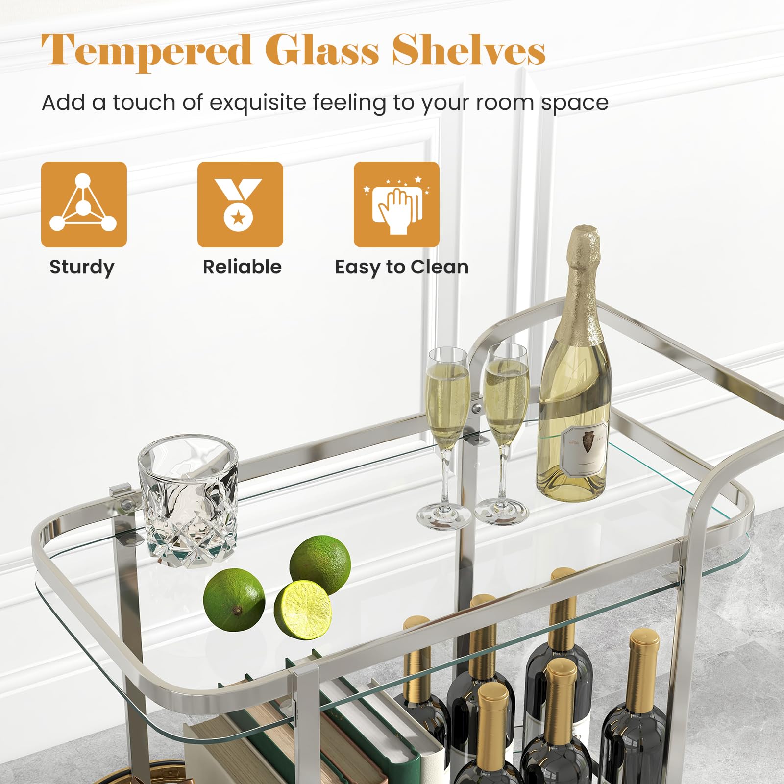 2-Tier Rolling Bar Cart with Tempered Glass Shelves