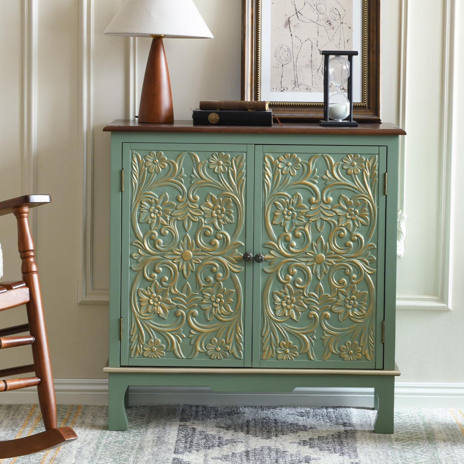 Vintage Green Storage Cabinet with Gold Accents