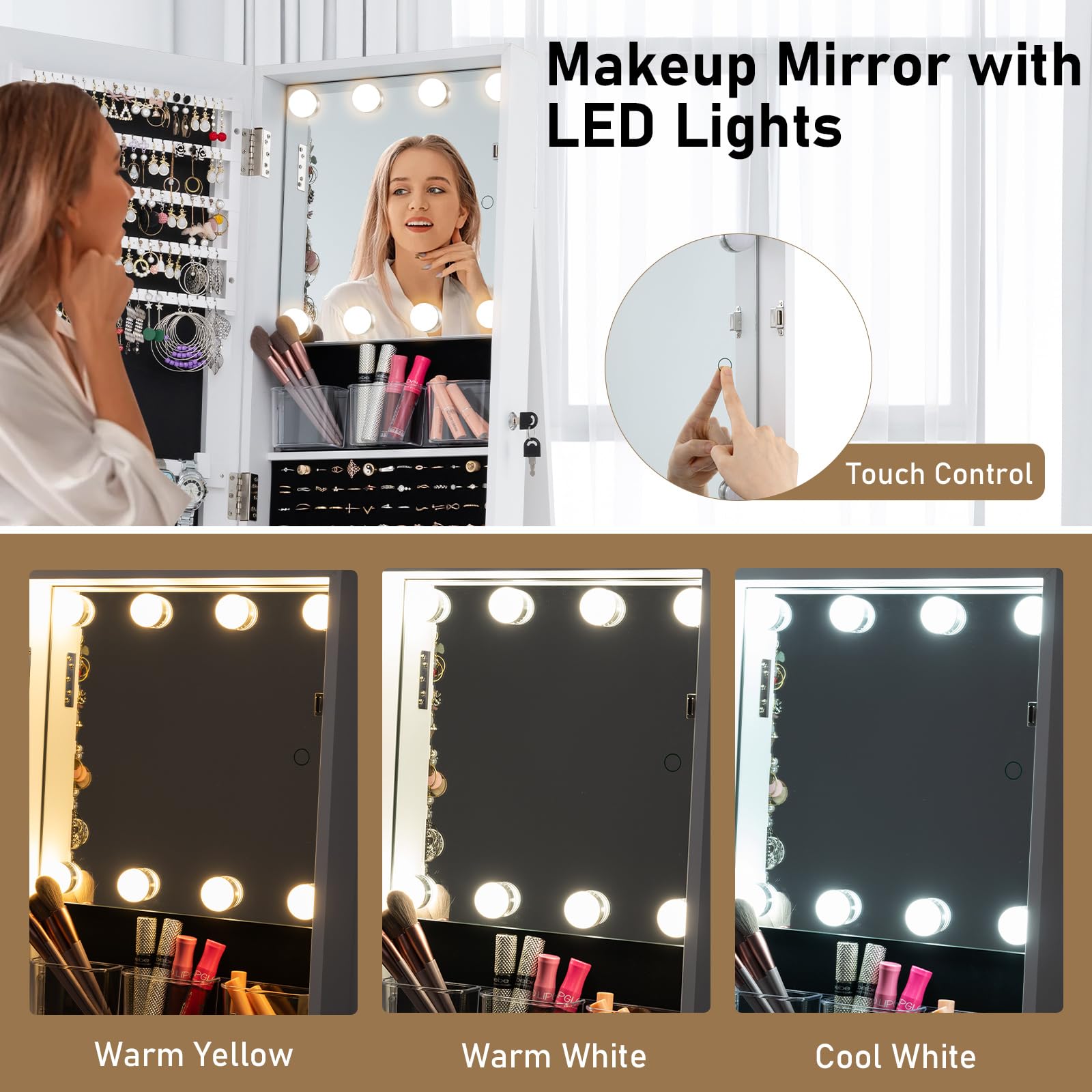 Swivel Jewelry Armoire with Full-Length Mirror and Lighted Makeup Mirror