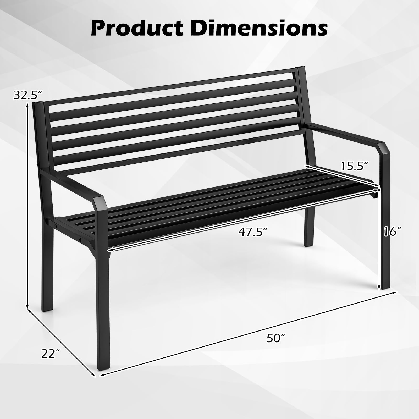 50" Outdoor Metal Park Bench with Armrests and Backrest