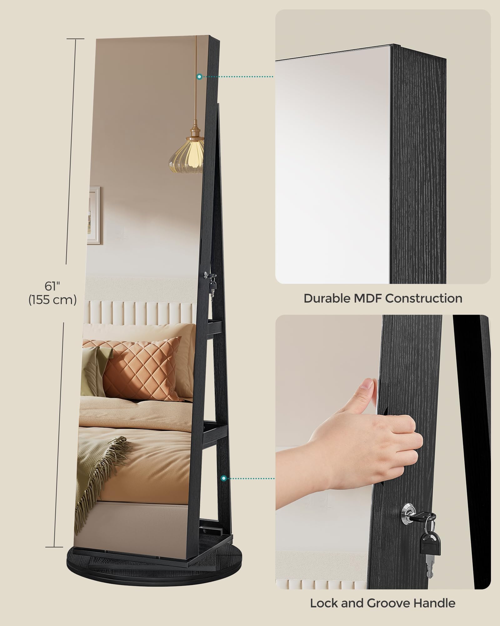 6 LED Lockable Mirror Jewelry Cabinet with 360° Swivel