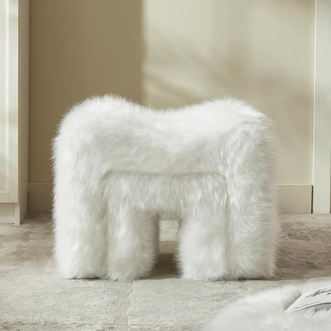 Small Footstool Ottoman Vanity Stool Set White Teddy Velvet 2-in-1