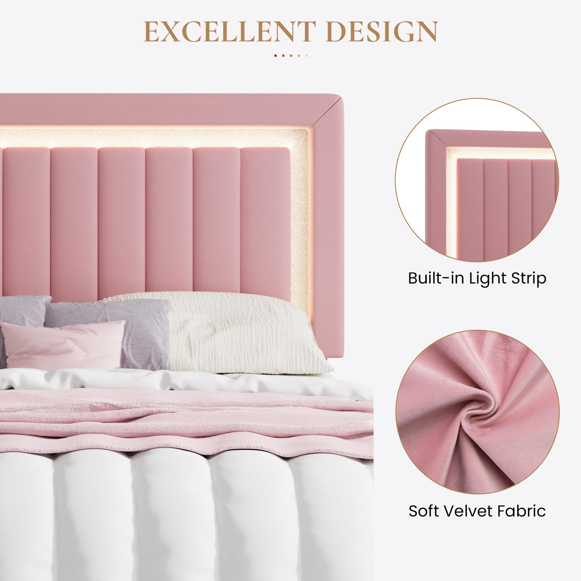 Full Size Pink Velvet LED Bed Frame with Adjustable Headboard