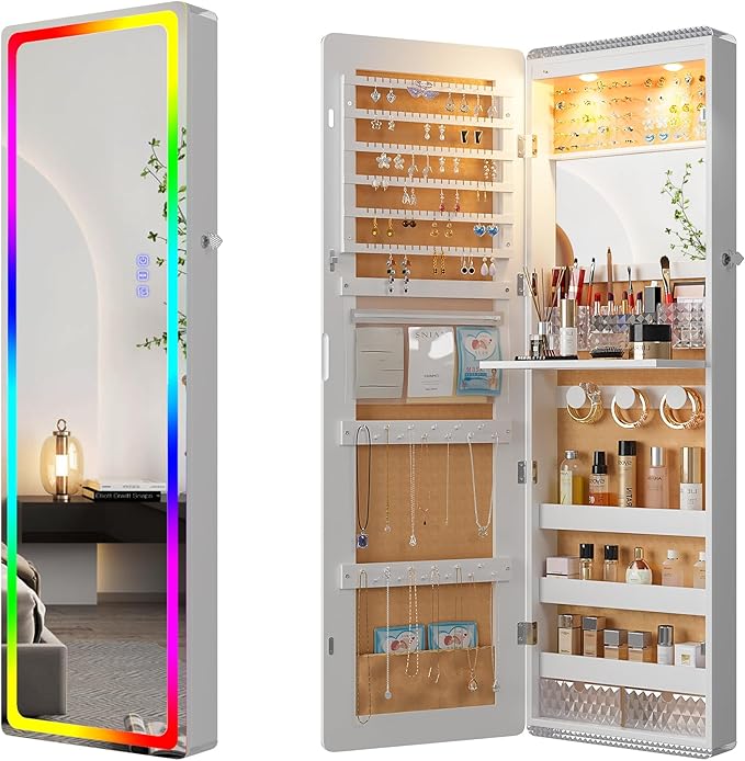 47.2" LED Wall Mounted Jewelry Cabinet with Full Length Mirror